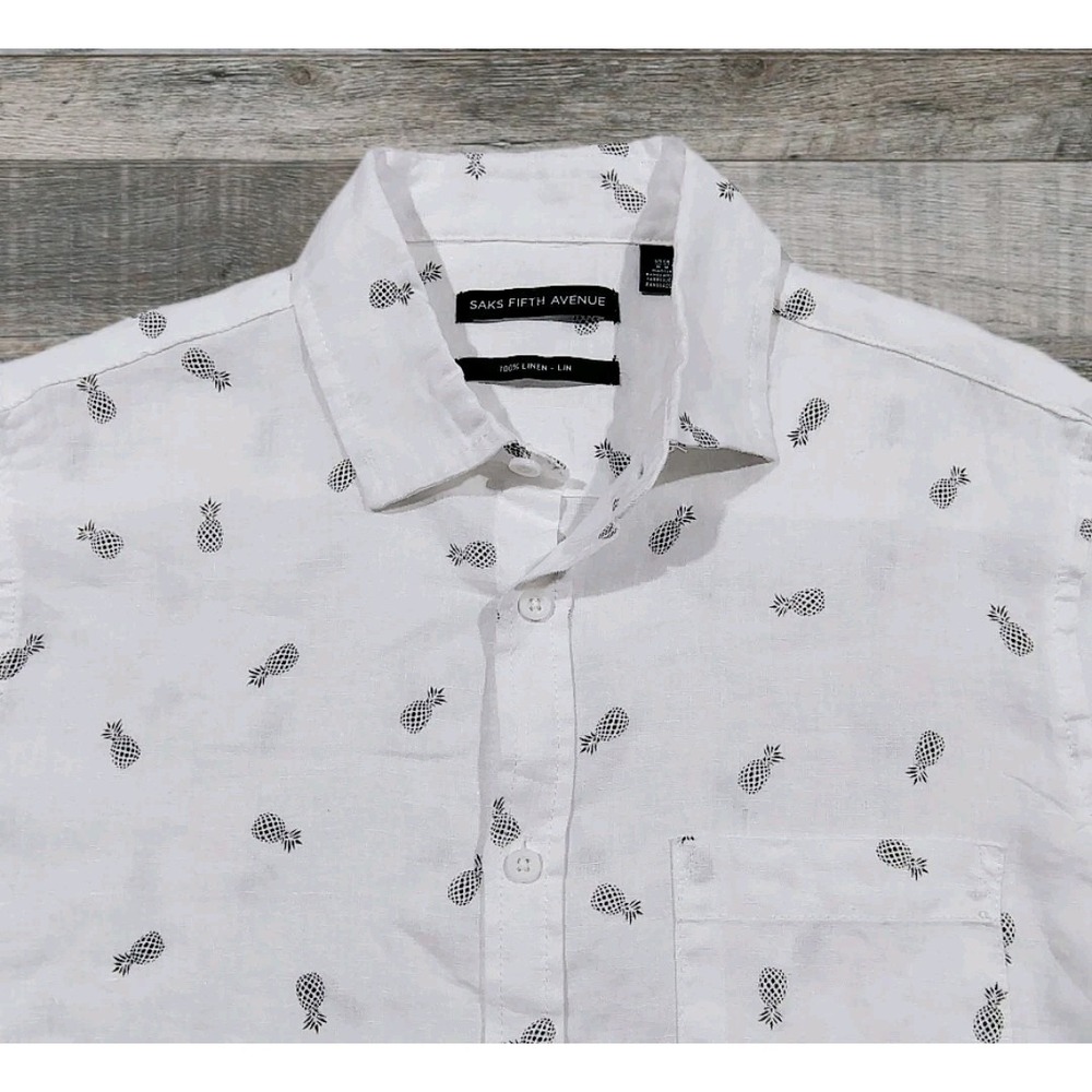 Saks Fifth Avenue Linen Shirt Mens Pineapple Print  Medium White NWT Casual M - Picture 2 of 11